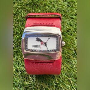Vintage Puma Red Leather Watch with Silver Case